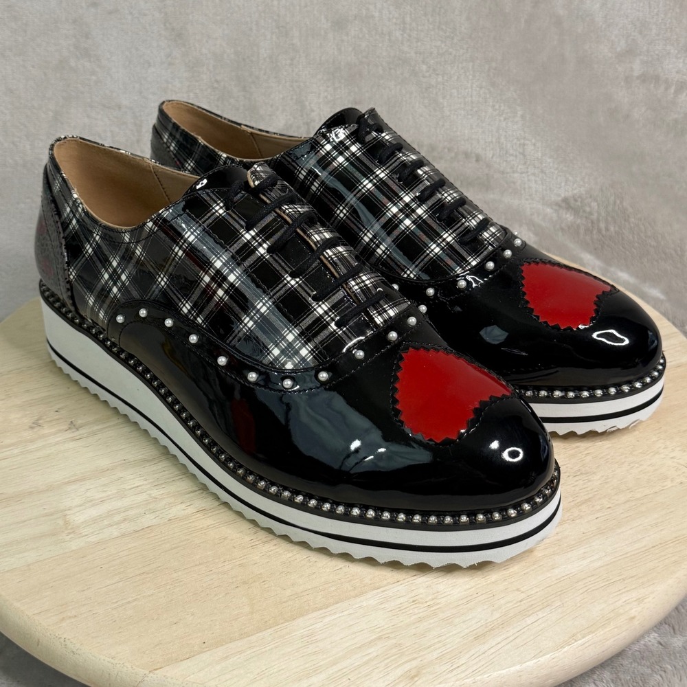 Betsey Johnson T-Nona Heart Plaid Patent Leather Platform Oxfords Black Red 10M - Picture 7 of 16